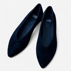 Eileen Fisher Posy Black Suede Scalloped Ballerina Flat- size 8